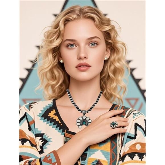 Navajo Pearl Necklace Western Jewelry Set for Women Turquoise Necklace Bohemian - Picture 3 of 6
